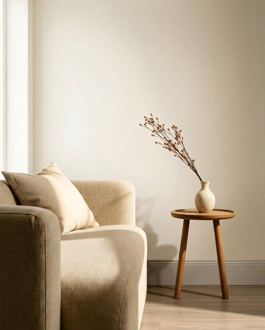 Et rolig, lyst interiør i beige og kremhvitt